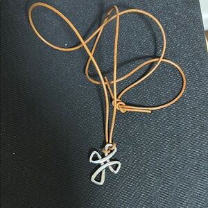 James Avery Silver Cross Pendant on Tan Leather Necklace (retired)